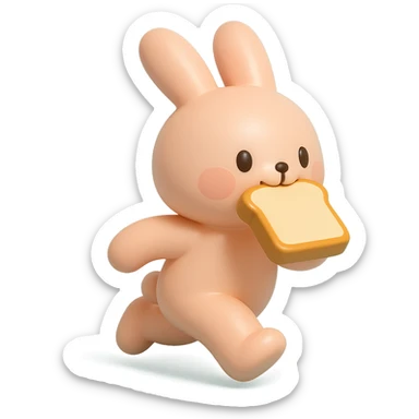 peach bunny running with toast in mouth, vinyl figure style sticker