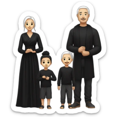Daddy with white skin wear black shirt and his wife with same skin tone wear black long blaus and wear black shawl also his son wear black tshirt sticker