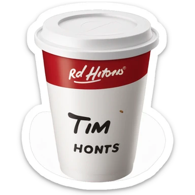 “Red Tim Hortons coffee cup with large white ‘Tim Hortons’ logo in script, black plastic lid, and a simple, clean design.” sticker