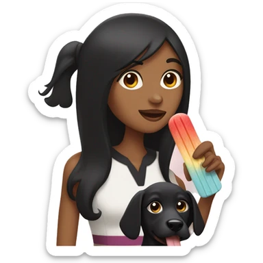 A woman with long straight black hair, brown eyes, holding a black dog and a ice popsicle in the other hand  sticker