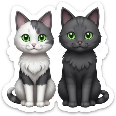 one dark grey and white cat and one completely solid dark grey cat with green eyes and only white paws sticker