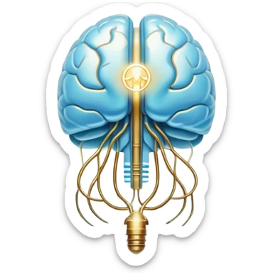 Ethereal pearlescent and light blue capsule in the foreground with a translucent brain positioned behind it, illuminated by golden electrical pulses forming a neural network. A small glowing liver symbol to the side, all surrounded by a mystical aura of mental focus and clarity sticker