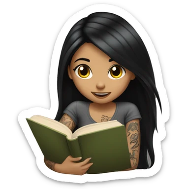 Girl with long black hair and tattoos reading a book wearing black  sticker