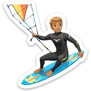 An athlete in a wetsuit riding a kiteboard, soaring over the sea waves with the kite high in the sky. The background features a vibrant blue sky and crashing ocean waves, capturing the thrill and freedom of kitesurfing in dynamic motion. sticker