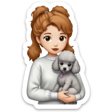 A girl with caramel brown ponytail holding a grey poodle sticker