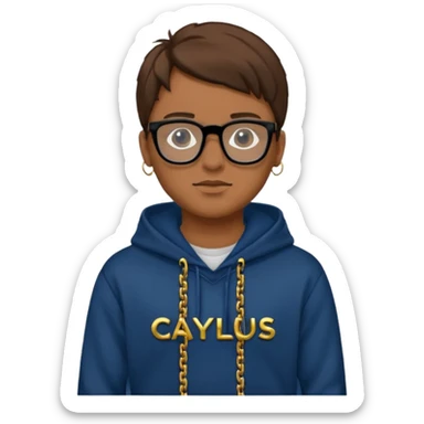 Brown hair with black glasses and the lends of glasses are black and a dark blue hoodie that says caylus kingdom with black pants and a gold chain sticker