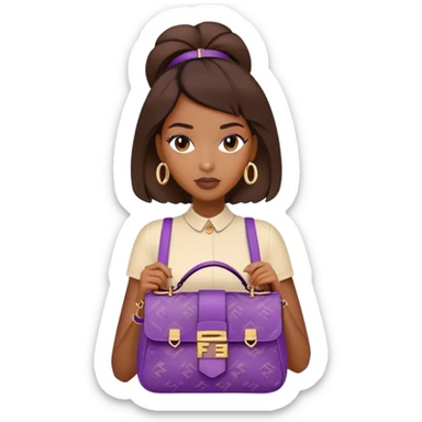 Beautiful black woman wearing a brown monogram fendi outfit and carrying a purple fendi baguette bag. I want the image to start at her head and end at the waist sticker