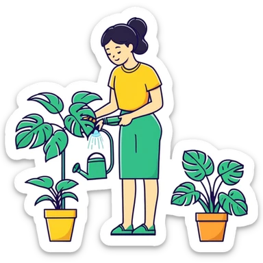 woman watering her monstera plant sticker