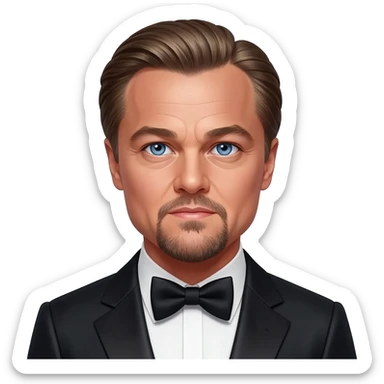 Leonardo DiCaprio with blue eyes, dark blonde hair, black metallic suit with bow tie sticker