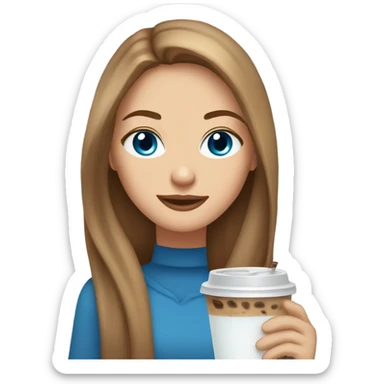 Beautiful woman, straight long light brown hair, blue eyes, cozy holding an iced coffee sticker