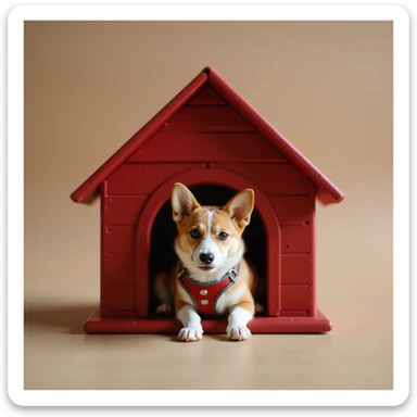 realistic red dog house with a Corgi dog inside, Corgi with a harness, photorealistic style sticker