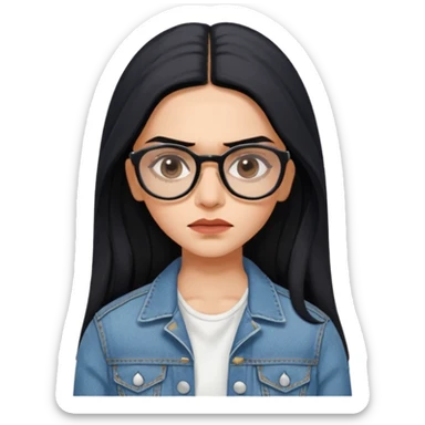 generate a pretty bratz emoji 
Make her wear a white dress with a denim jacket over it.long  black hair side part 

She should look exactly  like Deepika padukone! wearing tiny rectangular spectacle, looking sad sticker
