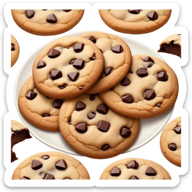 Cinematic Realistic Cookies Dessert Emoji, showcasing a plate of freshly baked cookies with gooey chocolate chips rendered with lifelike textures and warm, homey lighting. sticker