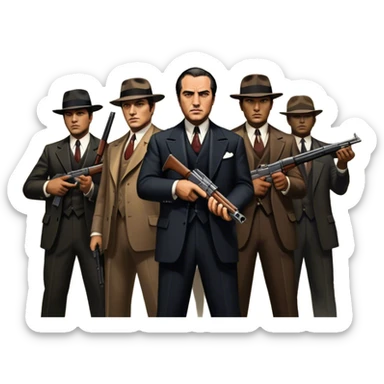 Vintage noir poster with Don Corleone surrounded by gangsters holding Thompson submachine guns. Background features New York skyscrapers, adding to the gritty, classic gangster film feel.  Dark and moody atmosphere with shadows, suits, and a mysterious vibe. Transparent background. sticker