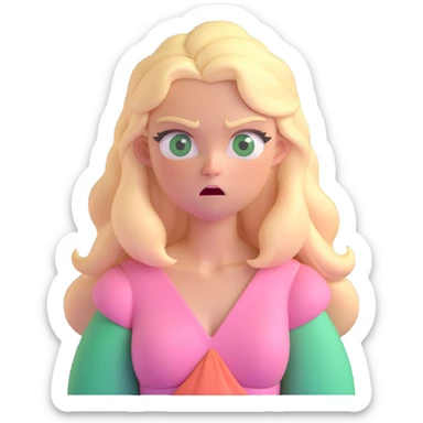 a 3d IOS realistic style emoji of a blonde with long hair and swamp eyes in a pink pastel dress angry sticker