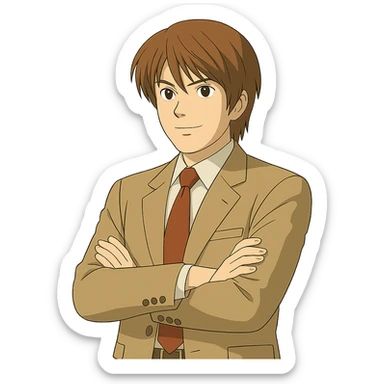 Create an exact Light Yagami in Ghibli style, standing with arms crossed, wearing the same suit, and showing the same confident expression. Match the face, hair, and suit details exactly to the reference image. Transparent background. sticker