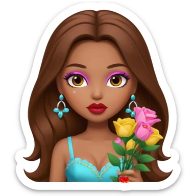 pretty bratz baddie, long brown hair holding flowers sticker