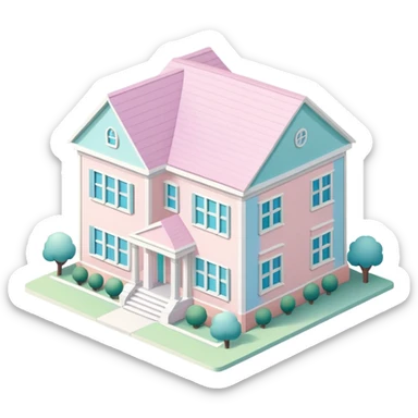 College sorority house, isometric dollhouse-style, realistic sticker