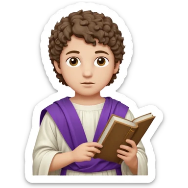 An emoji portrait of a young Roman patrician. He wears a white toga with a purple border. He has short curly hair and a dignified expression, holding a small scroll. sticker