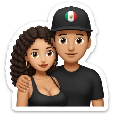 A picture of an embracing tanned couple. the man is a Mexican man with tanned skin, with a bald hair cut wearing a SnapBack hat and a black shirt. the woman wea, with long curly dark brown hair and with big boobs.  sticker