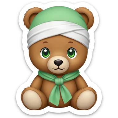 Cute brown teddy bear with innocent green eyes wearing a white wave durag perfectly tied, iOS emoji style sticker