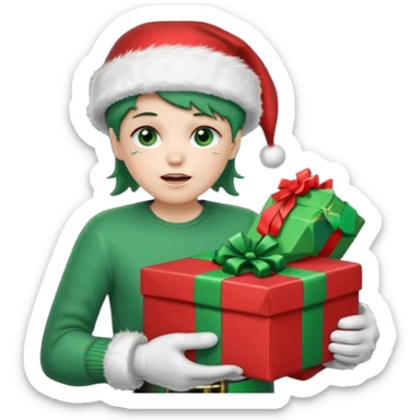 appears to be a naughty list with the words "NAUGHTY" written on top of it. It is sad with tears and wearing a Santa hat and has green boots and gloves. It is holding a present-looking chest in it's hands with coal inside. sticker