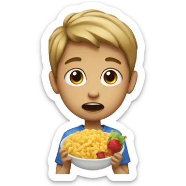 A boy eat sticker