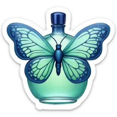  pastel green butterfly resting on an elegant blue perfume bottle with fork dark blue details. sticker