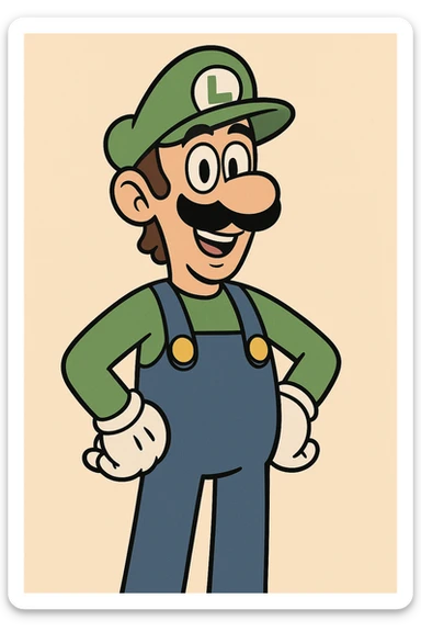 Luigi from Mario & Luigi, classic video game look, green cap, blue overalls, white gloves, smiling, cartoon style sticker
