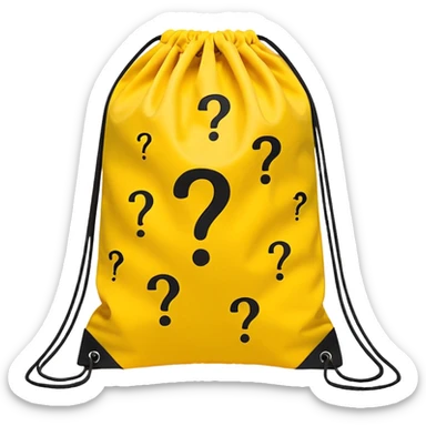 drawstring bag printed with overstuffed with yellow question marks sticker