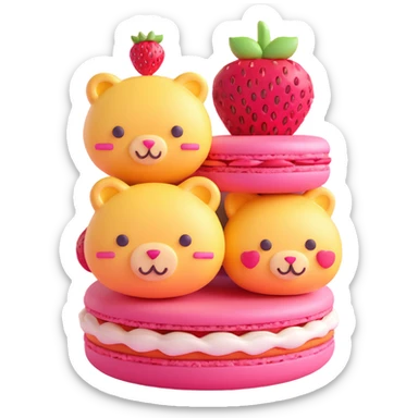 A 3D iOS style emoji of a pink macaron with a strawberry on top and three cute animals peeking out from between the layers. The macaron should have a glossy finish and soft shadows, with a light pink background and small yellow stars scattered around. sticker