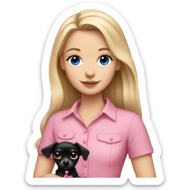 White girl with medium length blonde hair and blue eyes wearing a pink shirt holding a long haired black chihuahua wearing a pink bow sticker
