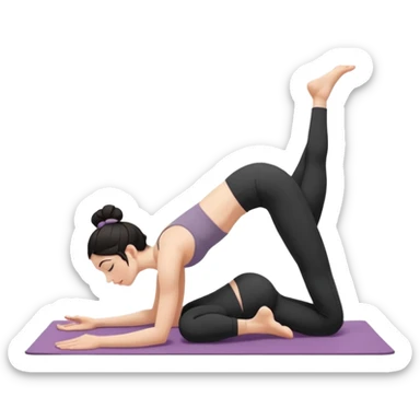 white girl with black long hair in a messy bun doing yoga position - downward facing dog sticker