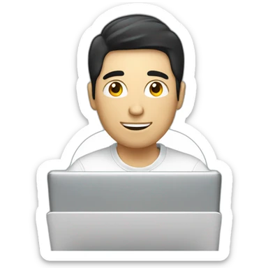 A white man with black hair working on a laptop with a lightbulb above his head sticker