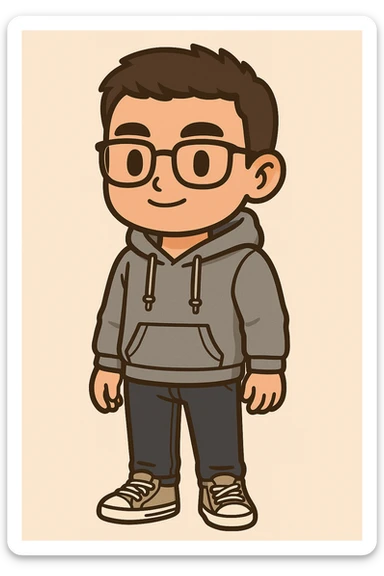 Full body illustration of a young, strong man with short dark hair and glasses, wearing a hoodie and All Star style sneakers. The style is cute, cartoon, and simplified like chibi stickers, showing the entire body including feet, with bold black lines and soft colors. sticker