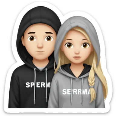 chce by to byla taka emotka 🙍‍♂️
chlopaka z czarnymi losami i czarna bluza z białym napisem "sperma" na srdoku.  zeby za nim stala taka ladna blondynka z dlugaimi wlosami i ona ciagnie za sznurek od
kaptura od bluzy tej pierwszej osobyl. dziewczyna ma szarą bluze sticker