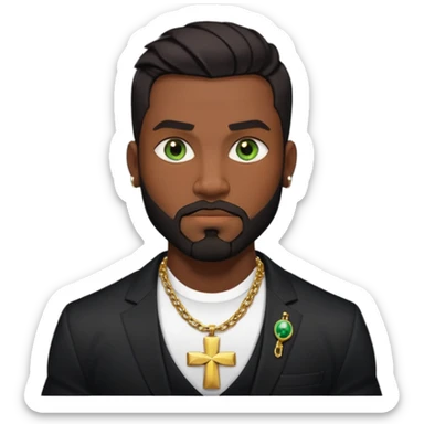 green eyes, dark short hair, muscular shoulders, wide cross, gold chain, big lips big nose big eyes, masculine good looking, dark beard wearing a suit sticker