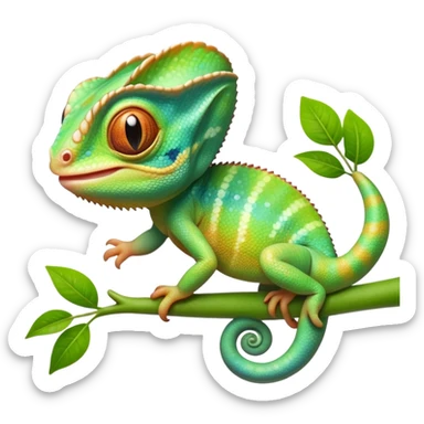 cinematic cute-smiling baby chameleon-realistic emoji,-blending-with-vibrant-greenery.-detailed-scales-in-shifting-colors,-showing-the-chameleon’s-ability-to-camouflage.-soft-natural-light-highlights-its-texture.-light-background, zoomed into its face sticker