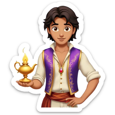 Cinematic Realistic Aladdin Portrait, depicted with lifelike, warm skin textures and a confident yet approachable gaze. His dark, wind-tousled hair frames expressive eyes full of adventure and kindness. Dressed in his iconic vest and loose trousers with intricate detailing, he holds a subtle glimmer of a magic lamp, all rendered under soft natural lighting with a radiant glow that captures his resourceful spirit. sticker
