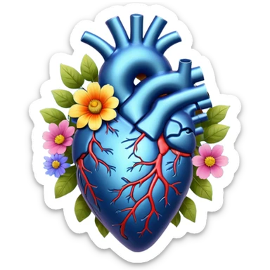 Dark Blue anatomical heart with wildflowers sticker