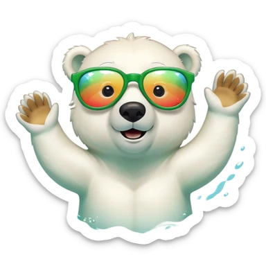 friendly anthropomorphised polar bear swimming freestyle, excited expression, wearing large multicolored star-shaped glasses, no St. Patrick's Day outfit sticker