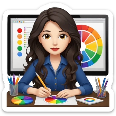 female dark wavy long hair graphic designer , color wheel, pens, papers , desktop sticker