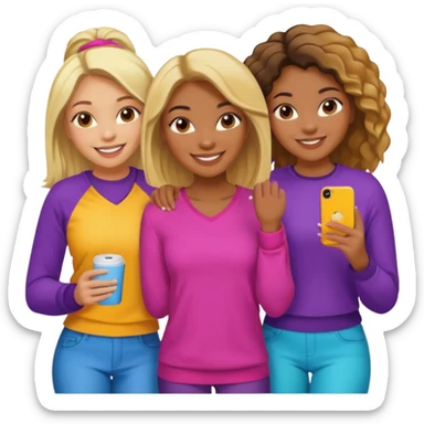 black woman with blonde hair and brunette friends sitting close together, smiling sticker