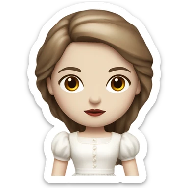 Doll with brown straight hair, wearing a white dress with red details and a serious expression. She has pale skin and a classic porcelain doll appearance. sticker