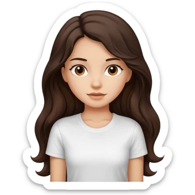 iOS style emoji. A girl with very long dark brown wavy hair. And the eyes color is dark brown. And she is wearing white t shirt  sticker