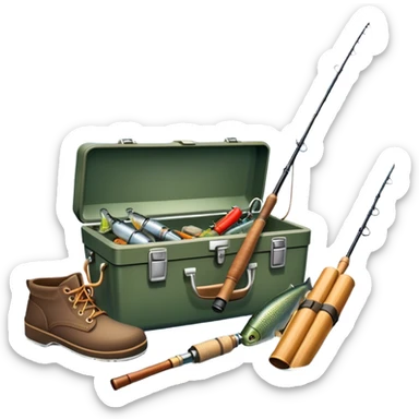 Icon for Fishing: a boat on the shore of a peaceful water body with a beautiful natural landscape, a fishing tackle box, a spinning rod, and boots nearby. The icon should capture the tranquility and gear of a fishing adventure. Without frame. Transparent background. sticker
