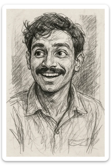 smiling, curious Indian young man with a moustache, hand-drawn sketch style sticker