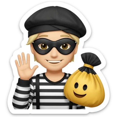 a short ios emoji-style portrait of a classic burglar, a black eye mask (looks like a blindfold) and a black-and-white striped shirt. emoji-like hair, black hat, ONE bag of money 💰 with a dollar sign in a right corner sticker