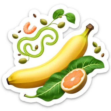 Golden banana, bright green spinach, salmon, kiwi, pistachios, and orange juice floating around a glowing nervous system and heart. Electrical waves connect these potassium-rich foods to nerves, heart and muscles, showing how they support electrical stability in the body. sticker