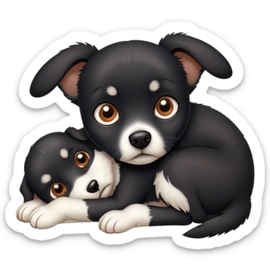 scared small black dog with white paws curled up sticker